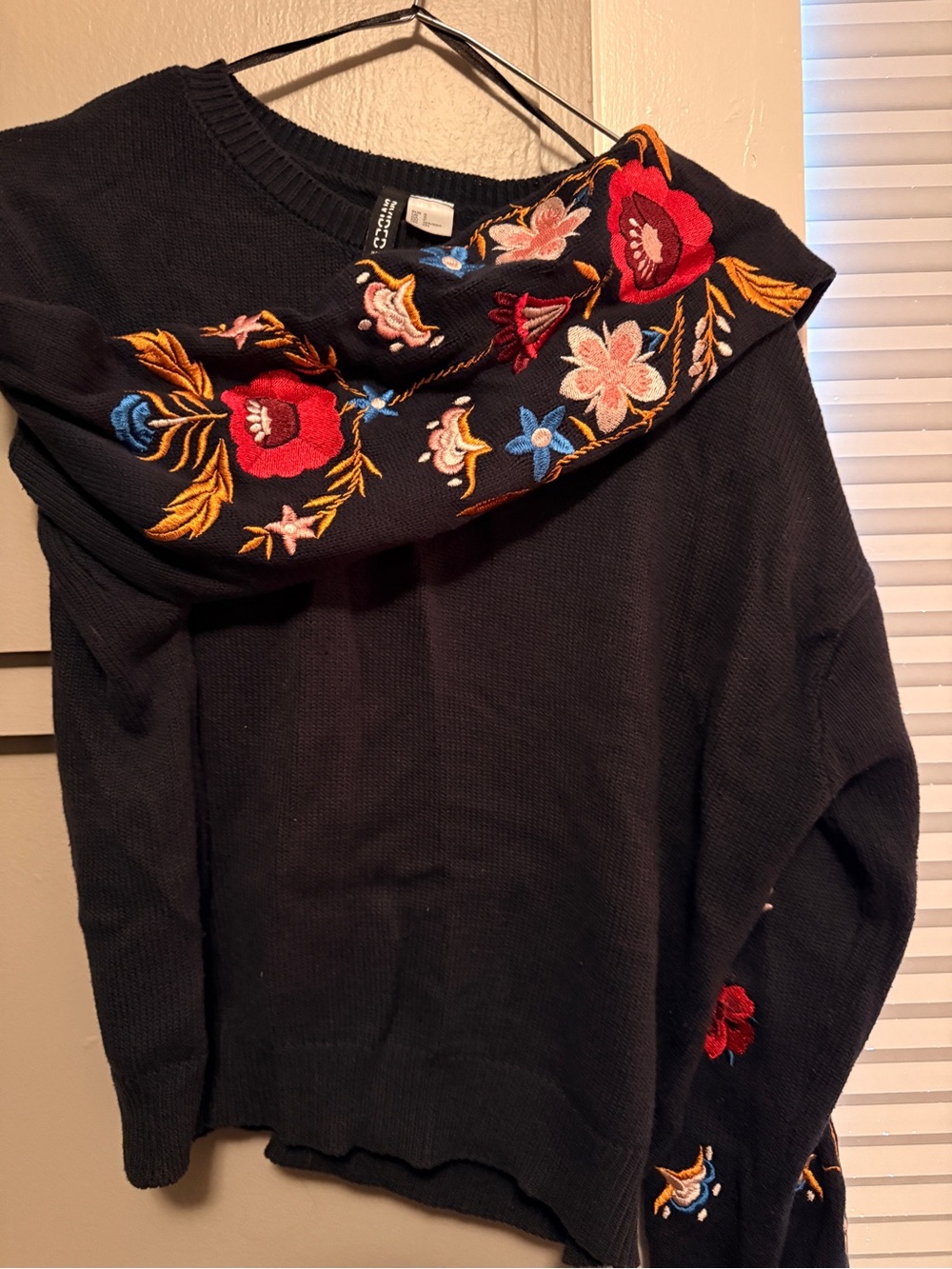 Embroidered navy blue Women's Sweater with Floral Accents